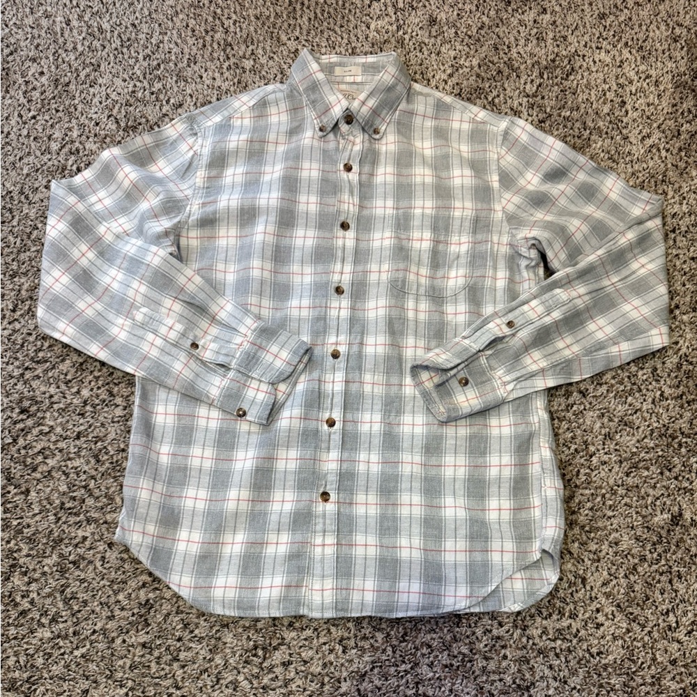 J.Crew Men’s Slim Fit Brushed Twill Plaid Button Down | Grey & Red | Size M |